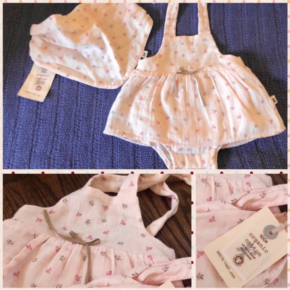 NWT PETIT INDI 100% ORGANIC COTTON Baby Romper Dress & Bib Muslin Set - Picture 2 of 4